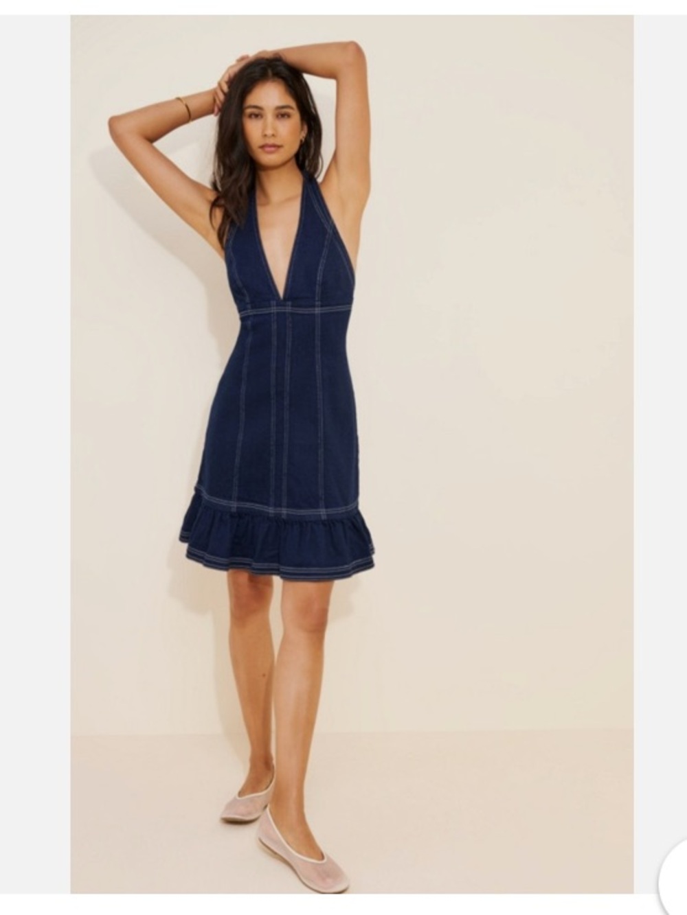 PILCRO ANTHROPOLOGIE Halter- Deep V  Denim Mini Dress Sz M